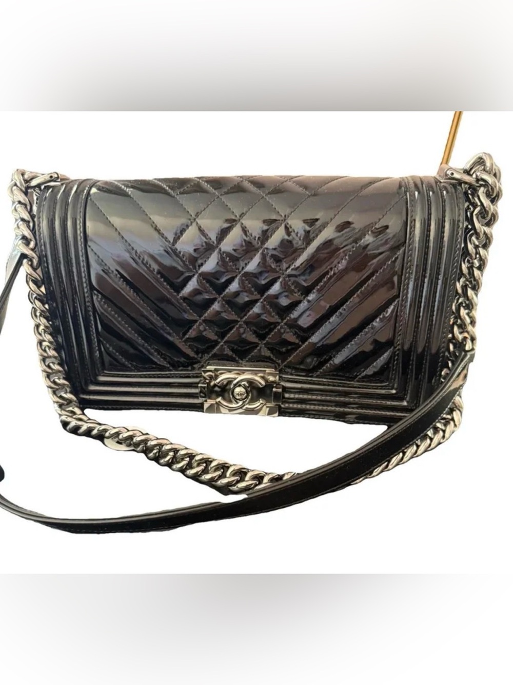 Chanel black patent Boy flap handbag